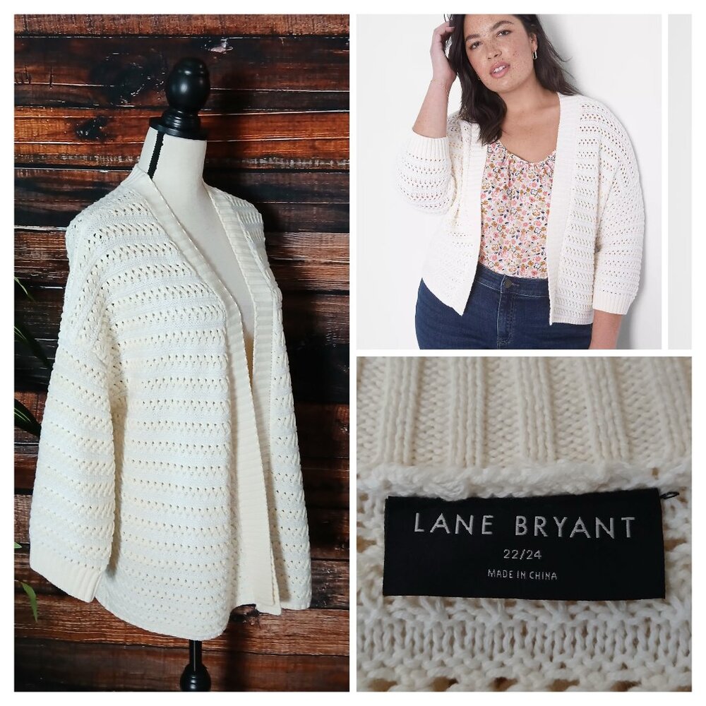 Lane Bryant Cardigan 22 24 Pristine Crochet Sweater 3/4 Sleeve Open Front